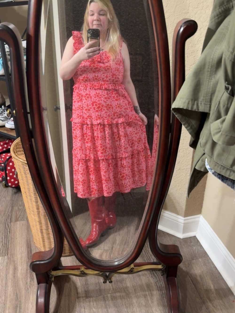 J Crew Red Floral Tiered Ruffle Midi Dress size 12